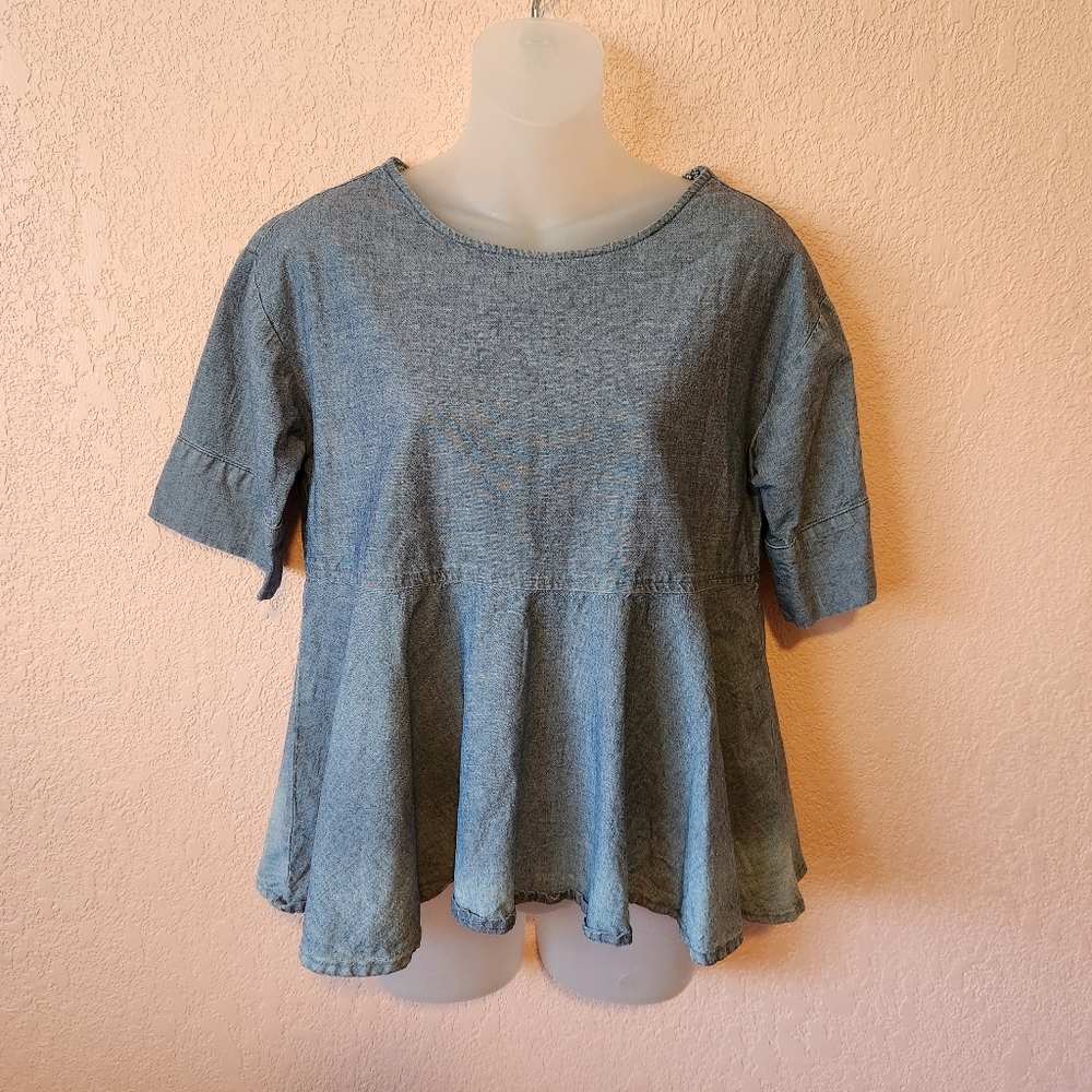 AG Adriano Goldschmied Chambray Short Sleeve Peplum Blouse Top